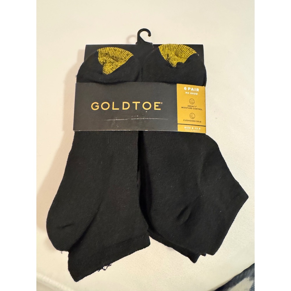 Goldtoe 6 Pair Active No Show Socks Black Mens‎ Size 6 12.5 Moisture Control